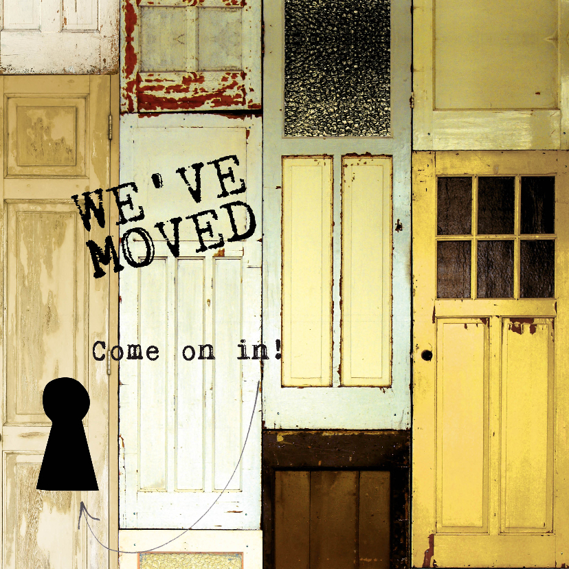 We've moved verhuiskaart met deuren en sleutelgat - Verhuiskaarten Verhuiskaarten - We've moved verhuiskaart met deuren en sleutelgat