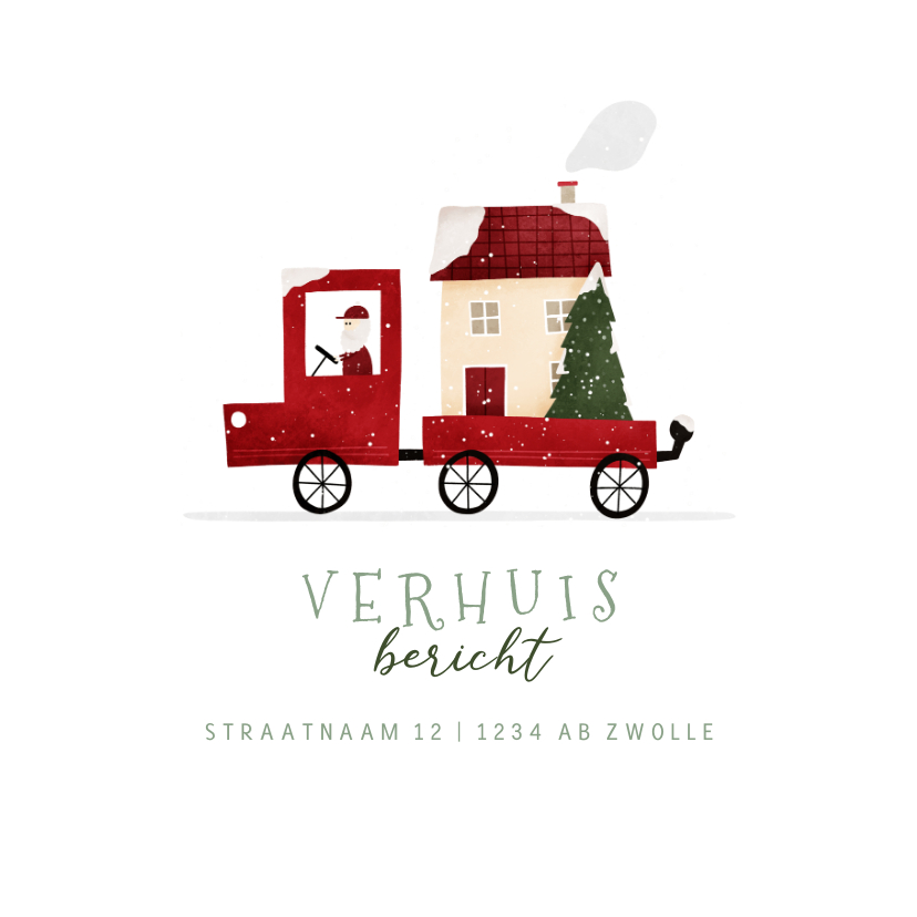 Verhuiskaarten - Winters verhuiskaartje rood busje met huis en kerstboom