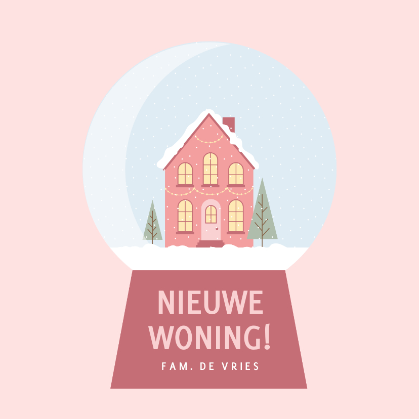 Verhuiskaarten - Winterse roze verhuiskaart met huisje in sneeuwbol 