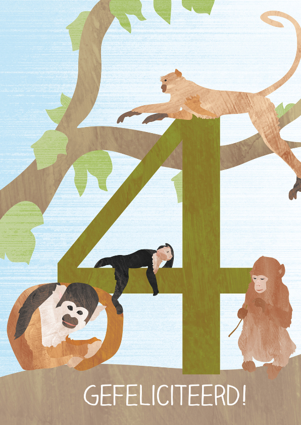 Verjaardagskaarten - 4 jaar met aapjes