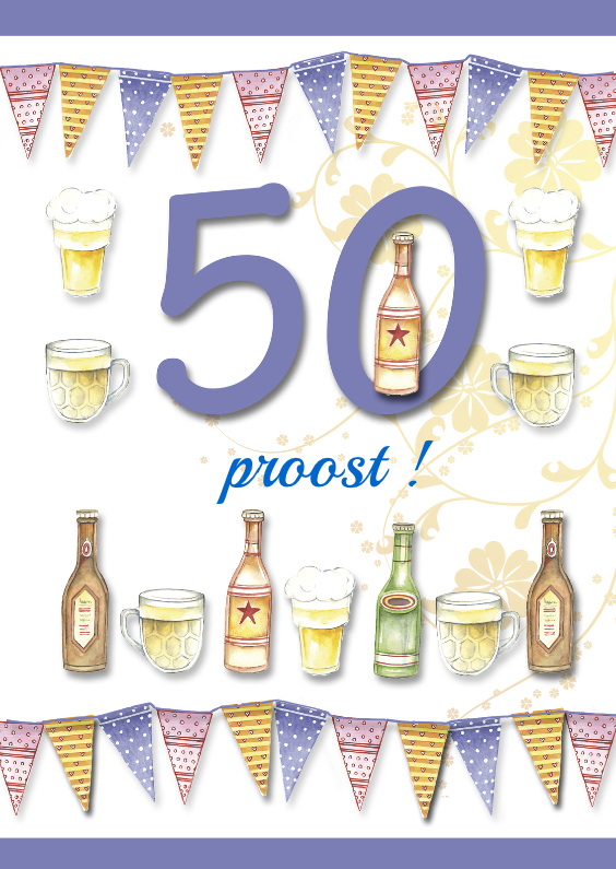 Verjaardagskaarten - 50 jaar met bierflesjes en vlaggetjes