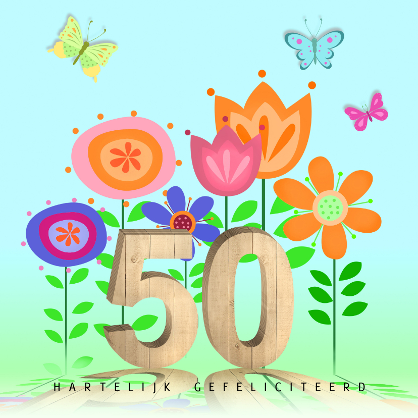 Verjaardagskaarten - 50 jaar met bloemen en vlinders