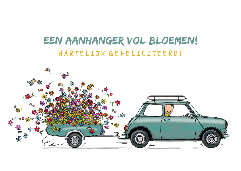 Auto met aanhangwagen en bloemen - Verjaardagskaarten Verjaardagskaarten - Auto met aanhangwagen en bloemen