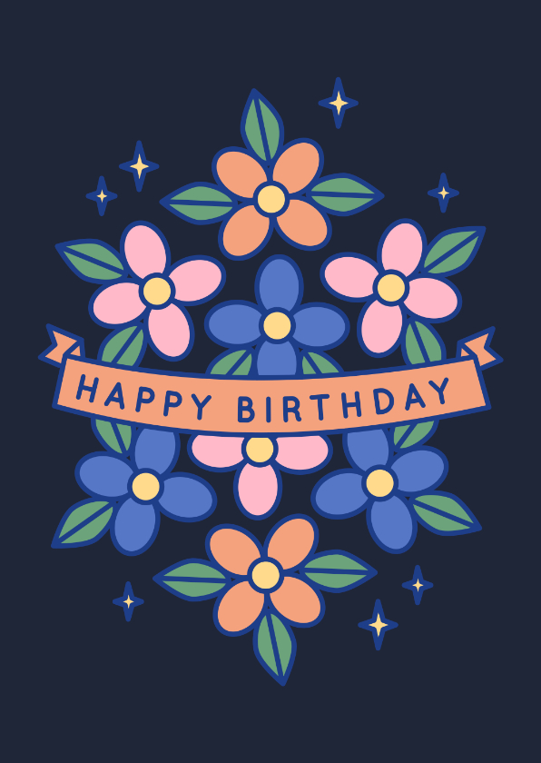 Verjaardagskaarten - Blauwe verjaardagskaart met bloemen