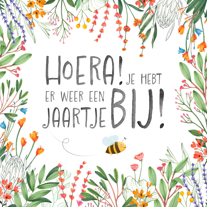 Verjaardagskaarten - Botanische kleurrijke verjaardagskaart met vliegende bij