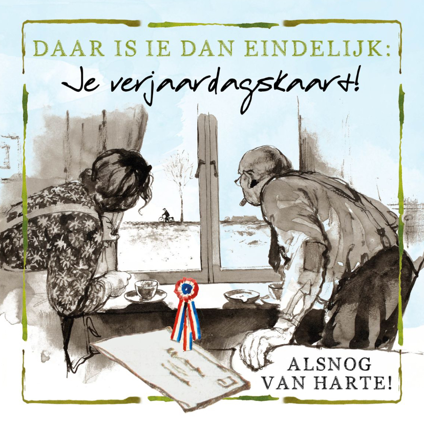 Verjaardagskaarten - Daar komt de postbode aan, alsnog gefeliciteerd!