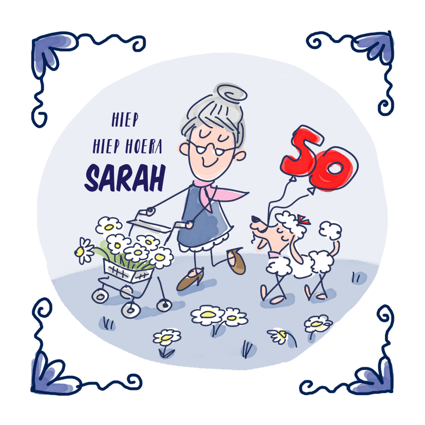 Verjaardagskaarten - Defts blauw tegeltje 50 jaar met Sarah