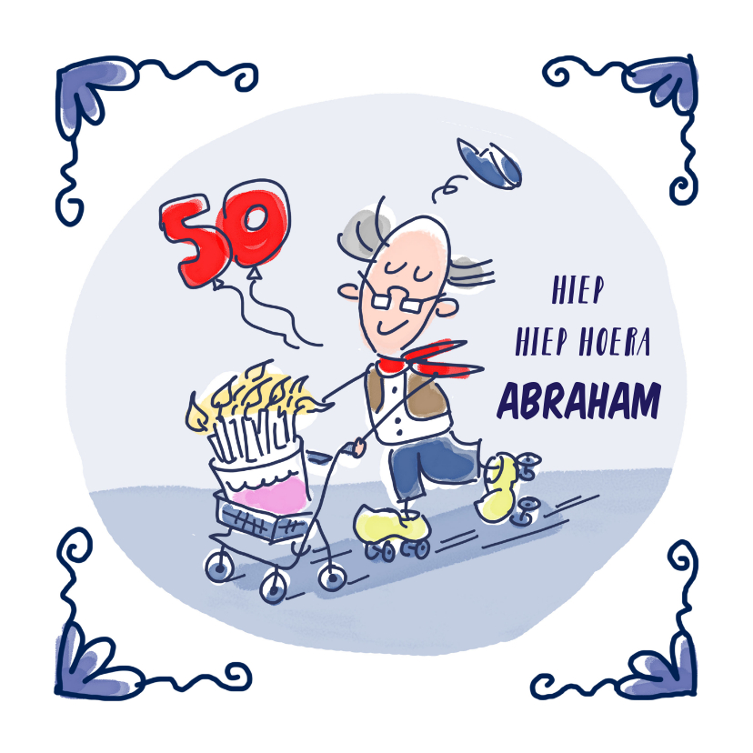 Verjaardagskaarten - Delfts blauw 50 jaar met Abraham en rollator