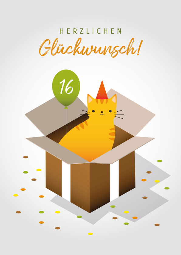 Verjaardagskaarten - Duitse verjaardagskaart met een kat in een doos