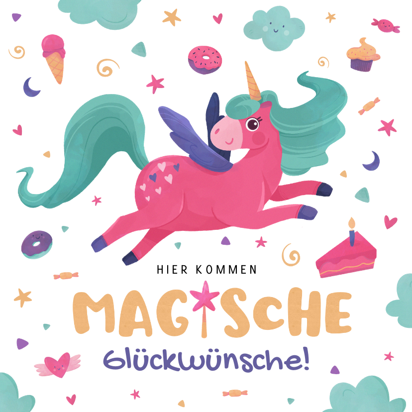 Verjaardagskaarten - Duitse verjaardagskaart met magische eenhoorn