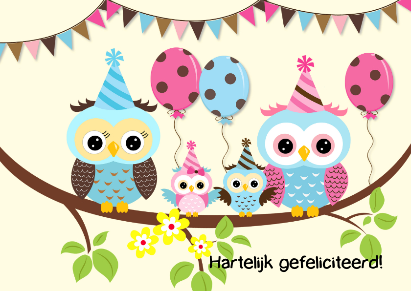 Verjaardagskaarten - Feest met uilenfamilie