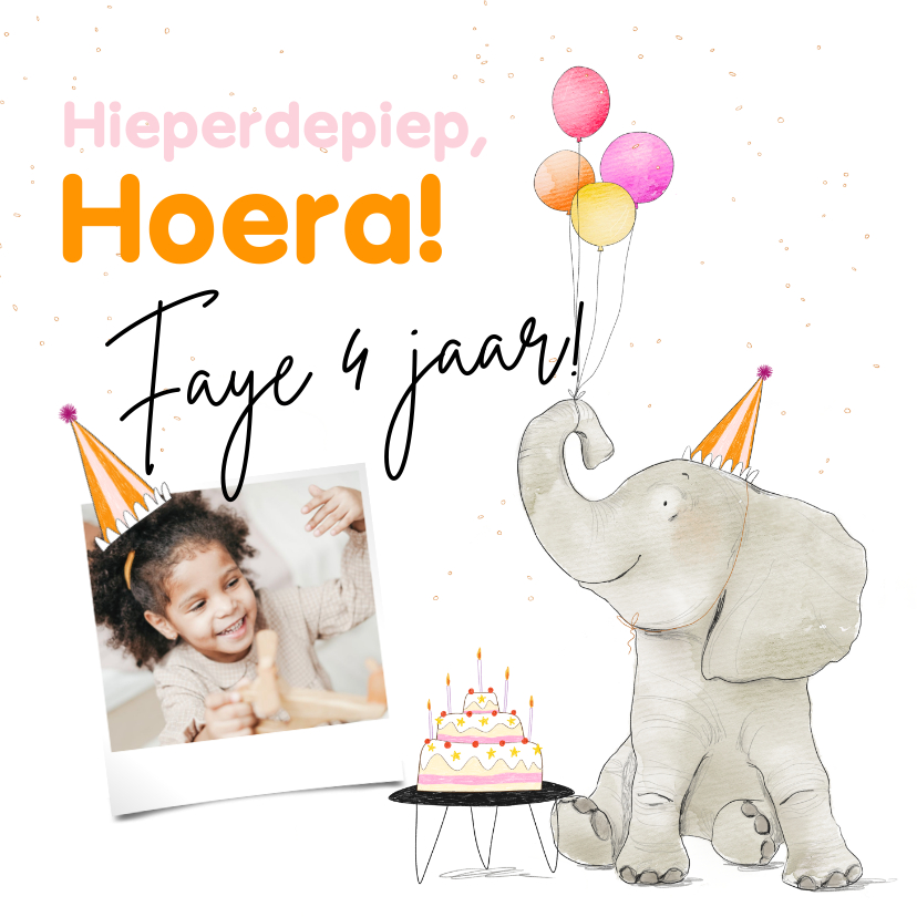 Verjaardagskaarten - Feestelijke kaart met olifant taart en ballonnen