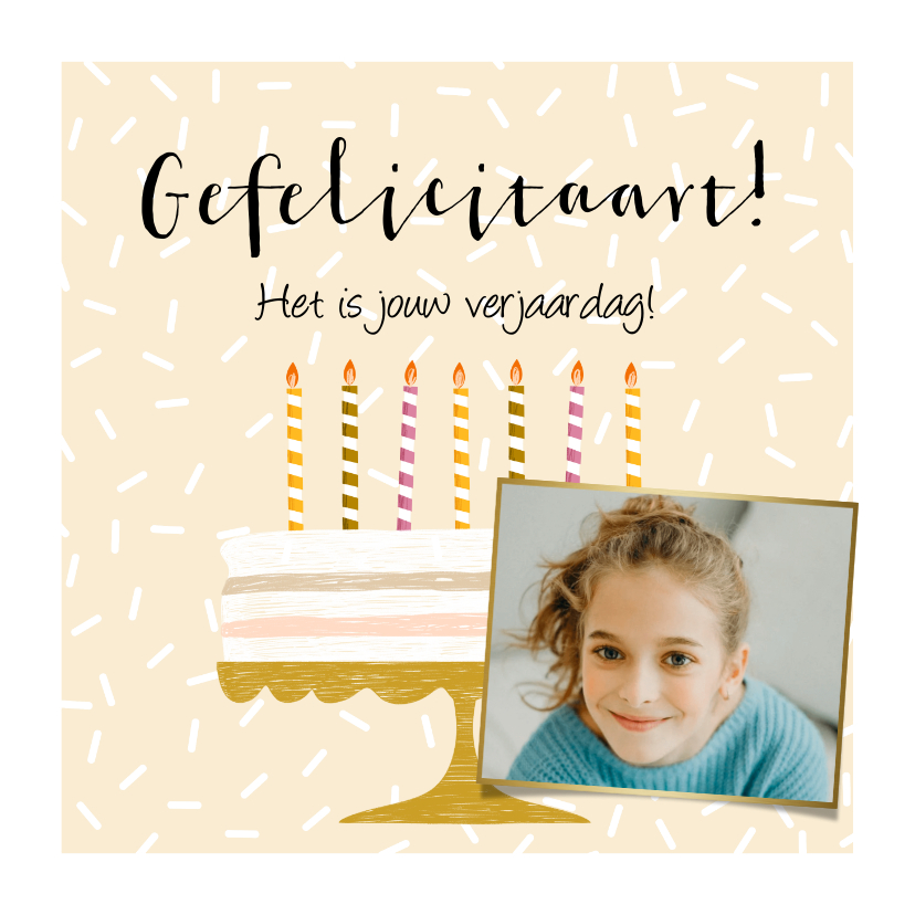 Verjaardagskaarten - Feestelijke kaart met taart, kaarsjes in vrolijke kleuren