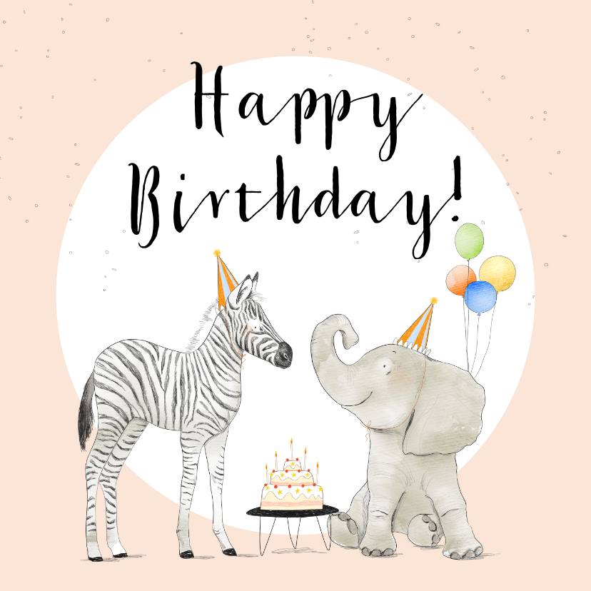 Feestelijke verjaardagskaart met olifant en zebra - Verjaardagskaarten Verjaardagskaarten - Feestelijke verjaardagskaart met olifant en zebra
