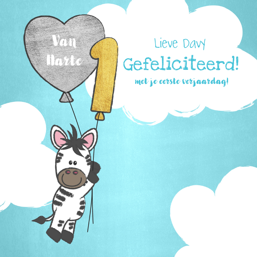 Verjaardagskaarten - Felicitatie 1 jaar lieve zebra met ballonnen in de wolken