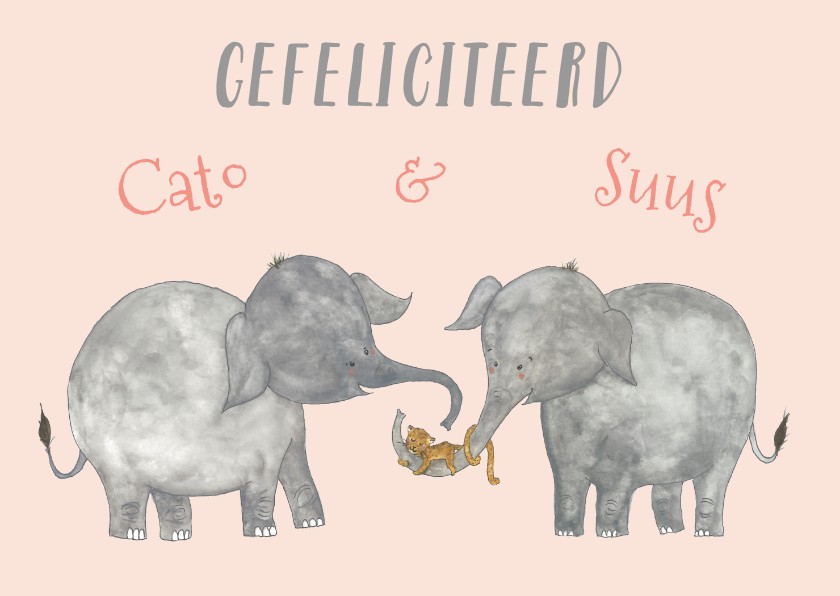 Felicitatie tweeling olifanten meisjes - Verjaardagskaarten Verjaardagskaarten - Felicitatie tweeling olifanten meisjes