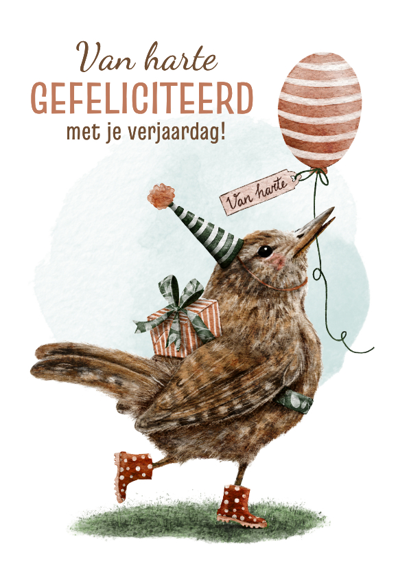 Felicitatie verjaardag met feestelijk vogeltje en ballon - Verjaardagskaarten Verjaardagskaarten - Felicitatie verjaardag met feestelijk vogeltje en ballon