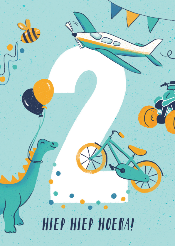 Verjaardagskaarten - Felicitatiekaart 2 jaar dino, fiets en vliegtuig