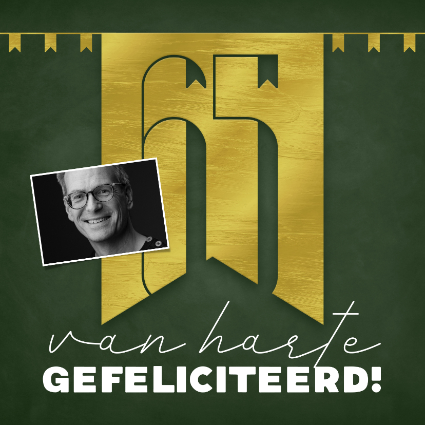 Verjaardagskaarten - Felicitatiekaart 65 jaar gouden letters en slingers groen