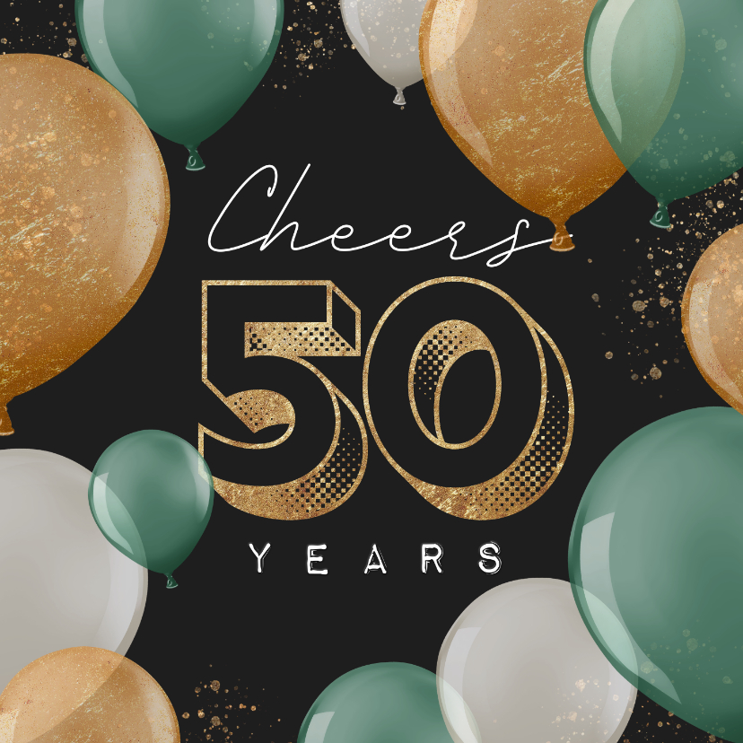 Verjaardagskaarten - Felicitatiekaart cheers 50 years goud ballonnen goud man