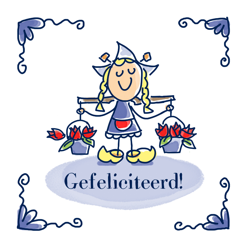 Verjaardagskaarten - Felicitatiekaart hollands tegeltje met twee emmertjes tulpen