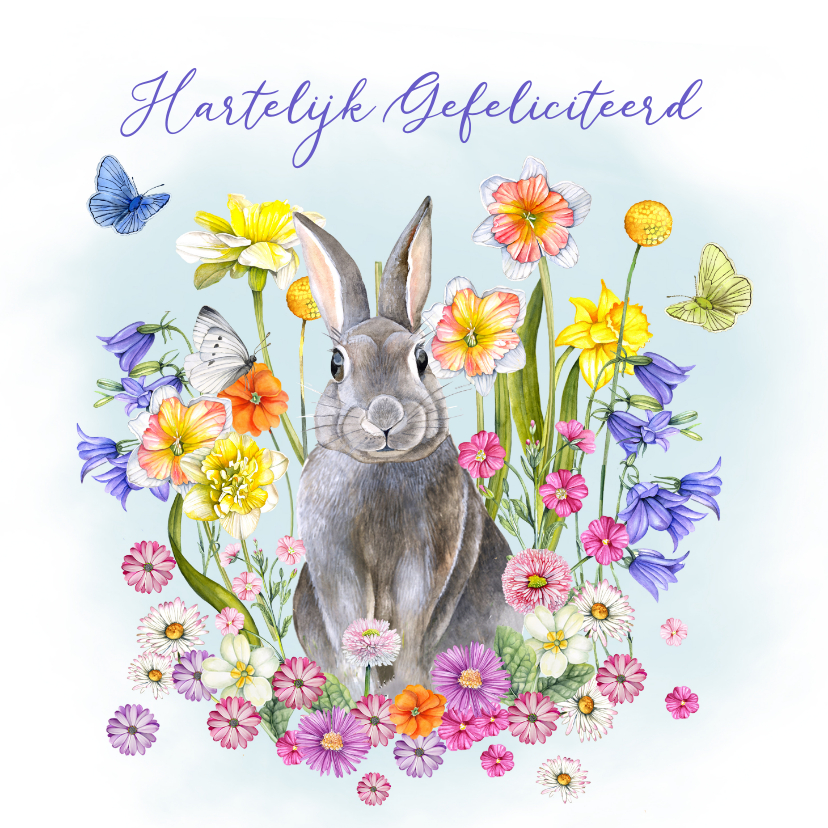 Verjaardagskaarten - Felicitatiekaart konijn bloemen