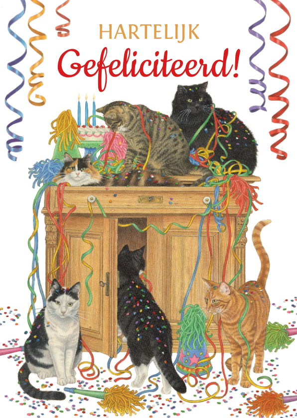 Verjaardagskaarten - Felicitatiekaart met feestvierende katten