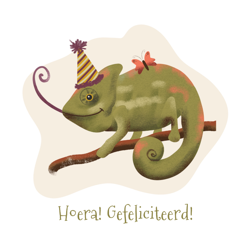 Verjaardagskaarten - Felicitatiekaart met kameleon met feesthoed