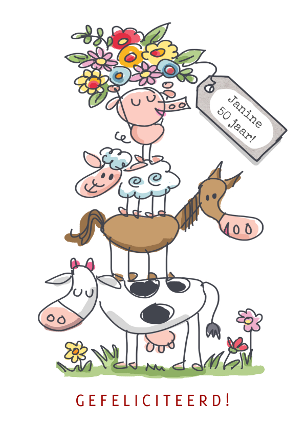 Verjaardagskaarten - Felicitatiekaart met stapel dieren en bos bloemen