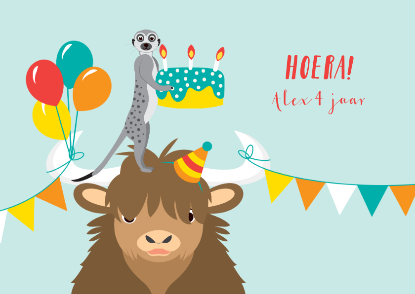 Verjaardagskaarten - Felicitatiekaart met taart ballonnen en vrolijke diertjes