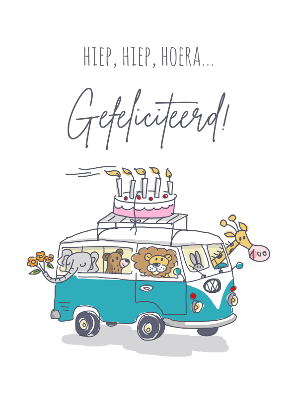 Felicitatiekaart met vw busje dieren en taart - Verjaardagskaarten Verjaardagskaarten - Felicitatiekaart met vw busje dieren en taart