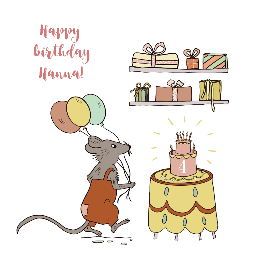 Felicitatiekaart muis met taart, ballonnen en kadootjes - Verjaardagskaarten Verjaardagskaarten - Felicitatiekaart muis met taart, ballonnen en kadootjes