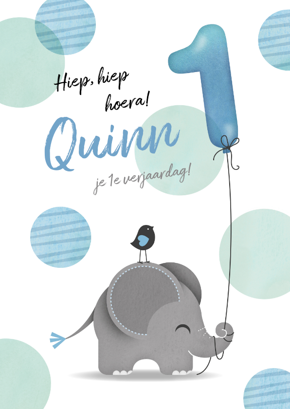 Verjaardagskaarten - Felicitatiekaart olifantje jongen 1 jaar
