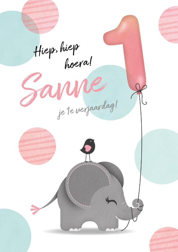 Verjaardagskaarten - Felicitatiekaart olifantje meisje 1 jaar