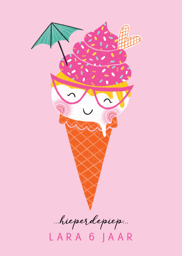 Verjaardagskaarten - Felicitatiekaart verjaardag happy ijsje roze