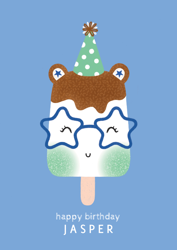 Verjaardagskaarten - Felicitatiekaart verjaardag ijsje met feestmuts blauw