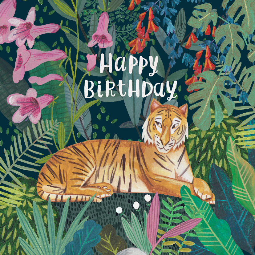 Verjaardagskaarten - Felicitatiekaart verjaardag tijger in de jungle