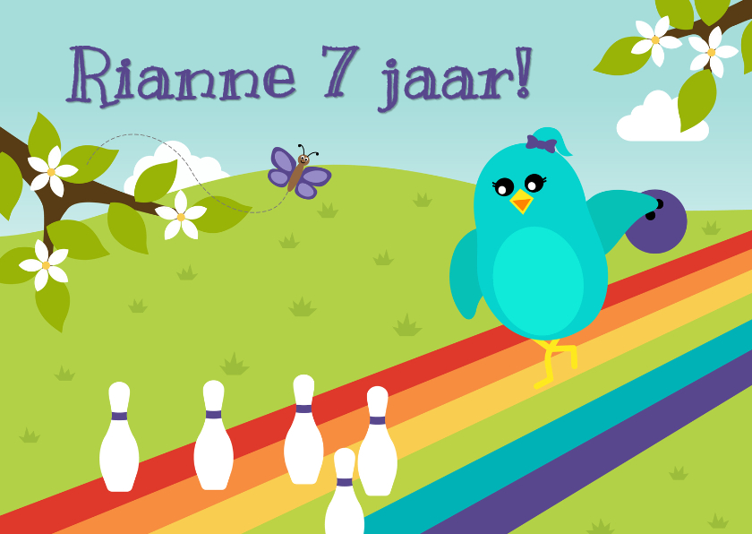 Felicitatiekaart voor kind met vogeltje op bowlingbaan - Verjaardagskaarten Verjaardagskaarten - Felicitatiekaart voor kind met vogeltje op bowlingbaan