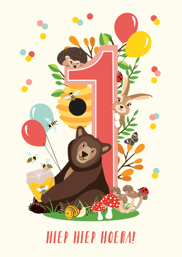 Felicitatiekaartje 1 jaar met vrolijke bosdieren in roze - Verjaardagskaarten Verjaardagskaarten - Felicitatiekaartje 1 jaar met vrolijke bosdieren in roze