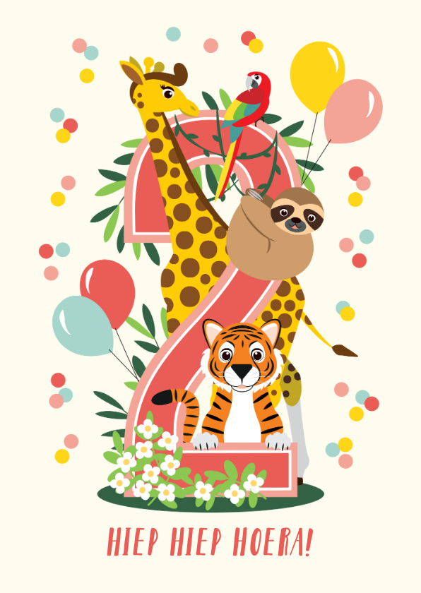 Felicitatiekaartje 2 jaar met vrolijke jungle dieren in roze - Verjaardagskaarten Verjaardagskaarten - Felicitatiekaartje 2 jaar met vrolijke jungle dieren in roze