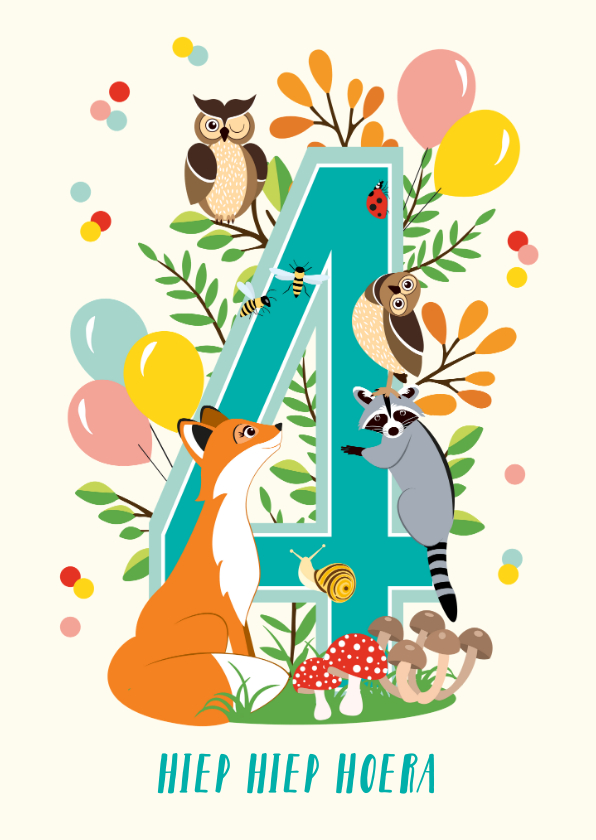Verjaardagskaarten - Felicitatiekaartje 4 jaar met vrolijke bosdieren
