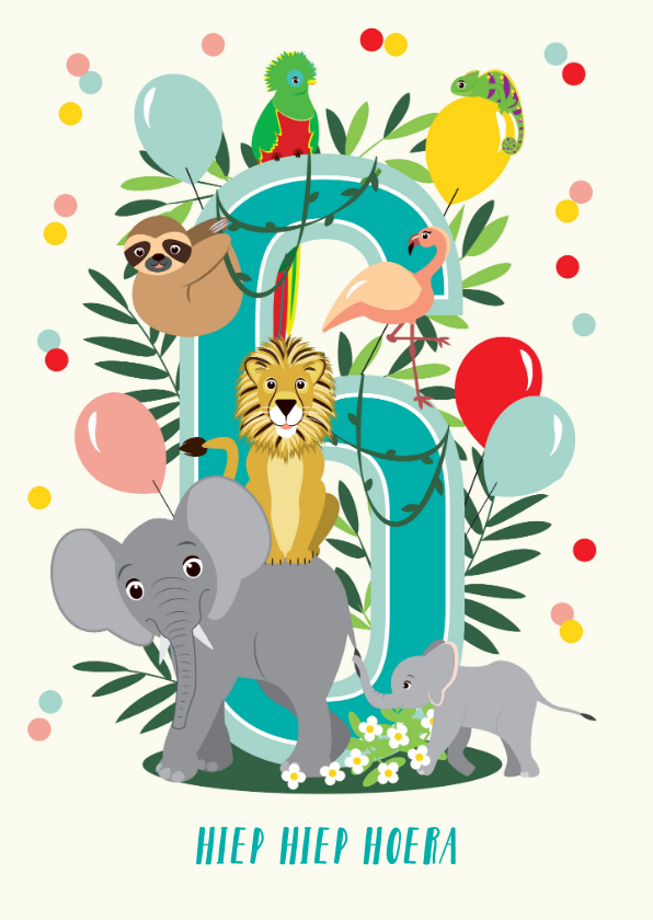 Felicitatiekaartje 6 jaar met vrolijke jungle dieren - Verjaardagskaarten Verjaardagskaarten - Felicitatiekaartje 6 jaar met vrolijke jungle dieren