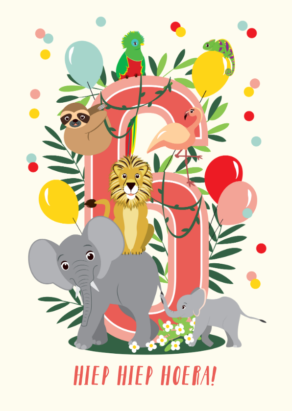 Verjaardagskaarten - Felicitatiekaartje met dieren uit de jungle 6 jaar roze