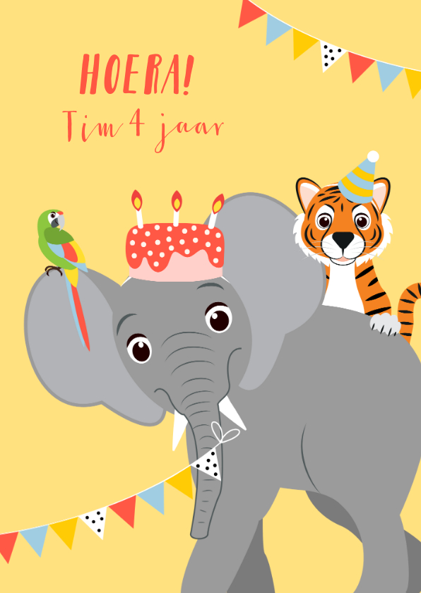 Verjaardagskaarten -  Felicitatiekaartje met olifant tijger papegaai en taart