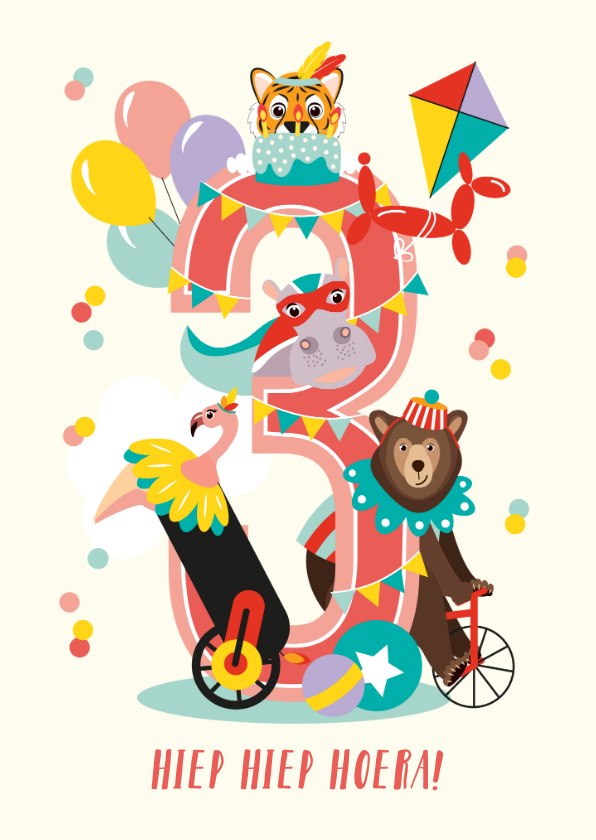 Verjaardagskaarten - Felicitatiekaartje vrolijke circusdieren 3 jaar roze