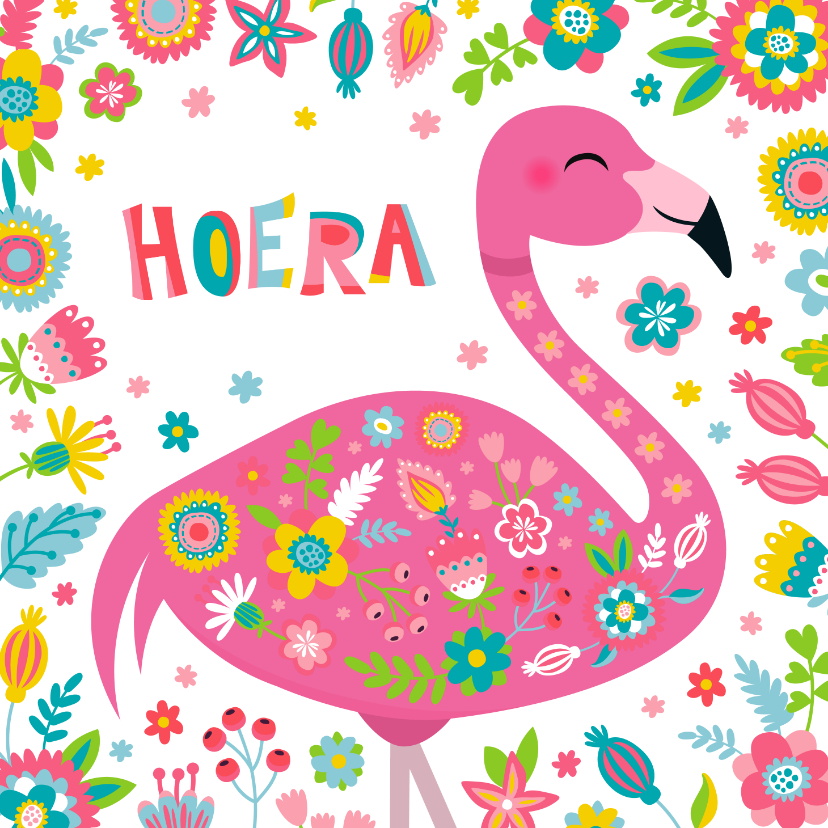 Verjaardagskaarten - Flamingo verjaardagskaart met bloemen