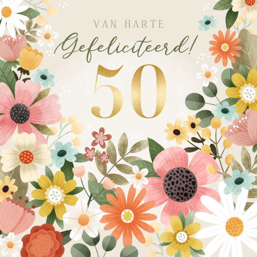 Verjaardagskaarten - Fleurige verjaardagskaart met bloemen 50 jaar gefeliciteerd