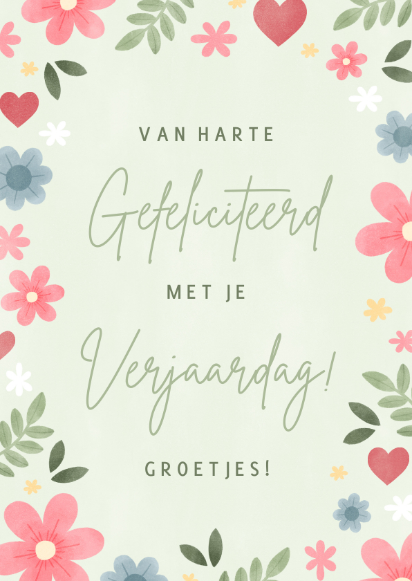 Verjaardagskaarten - Fleurige verjaardagskaart met bloemen en hartjes