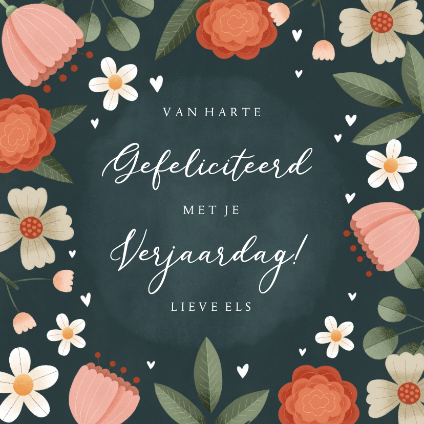 Fleurige verjaardagskaart met bloemen plantjes en hartjes - Verjaardagskaarten Verjaardagskaarten - Fleurige verjaardagskaart met bloemen plantjes en hartjes