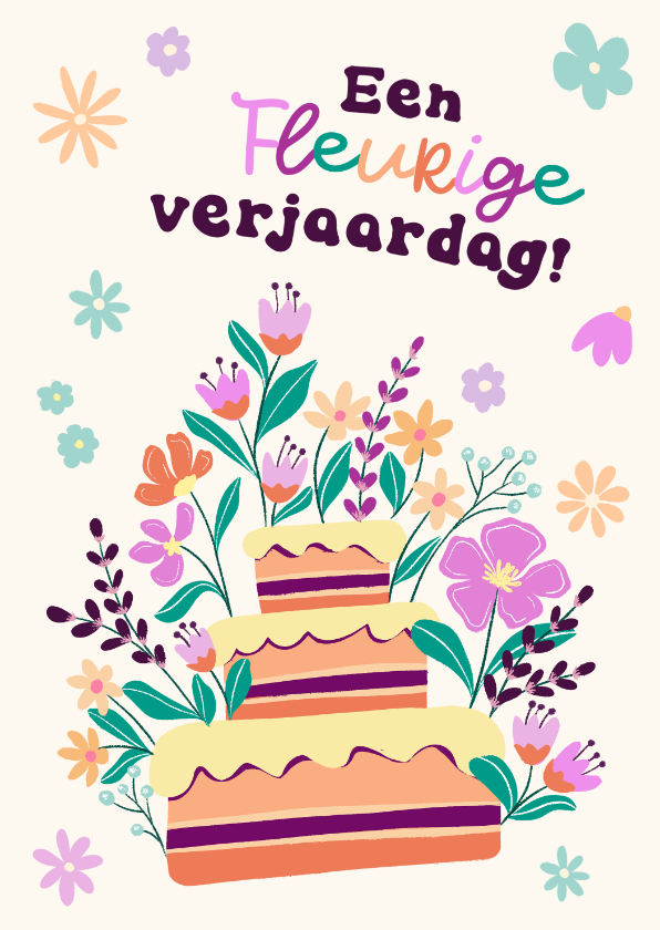 Verjaardagskaarten - Fleurige verjaardagskaart met taart en bloemen